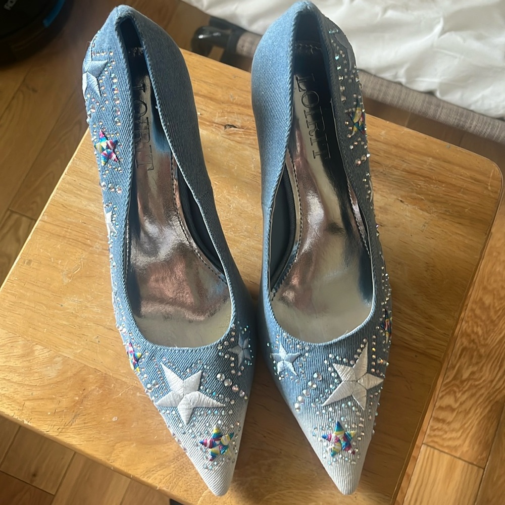 NEW Blue Jean Sparkly Rhinestone Star Embellished Denim Stiletto Heels
